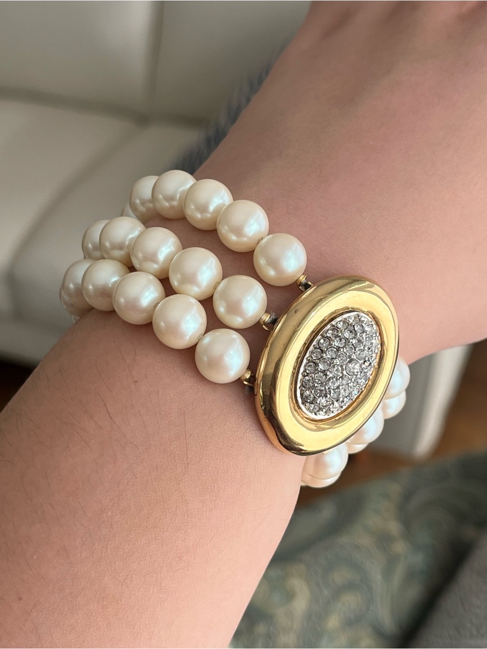 Authentic Vintage Givenchy Stone Pavé Triple Stranded Pearl Gold Beaded Bracelet